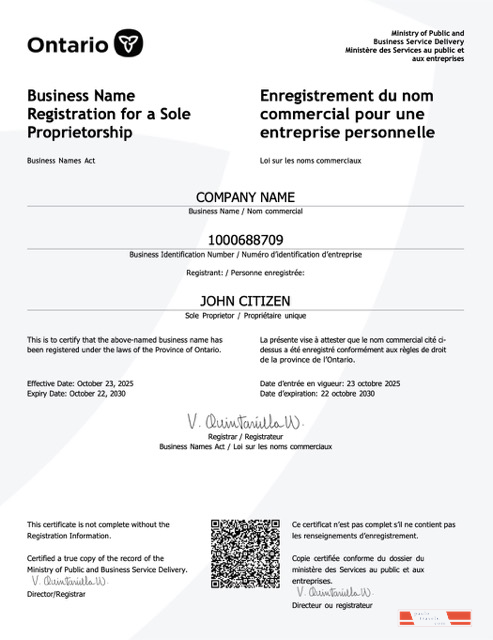 Canada Ontario certificate of business name registration Word and PDF template